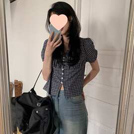 尺寸已更新 韩系简约圆领单排扣格纹衬衫百搭日常格子短袖小衫
