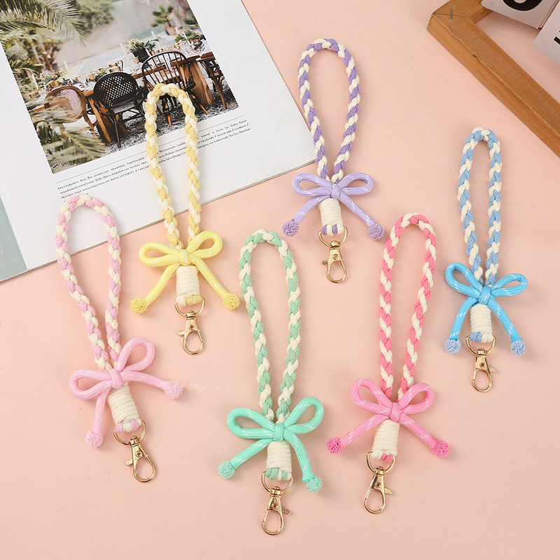 New Original Striped Bow Keychain Candy-Colored Phone Wrist Strap Two-In-One Girly Heart Pendant Accessory New Original Striped Bow Keychain Candy-Colored Phone Wrist Strap Two-In-One Girly Heart Pendant Accessory