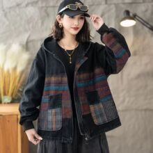 山力达迪复古民族风印花连帽牛仔外套女春秋宽松显瘦休闲百搭短款