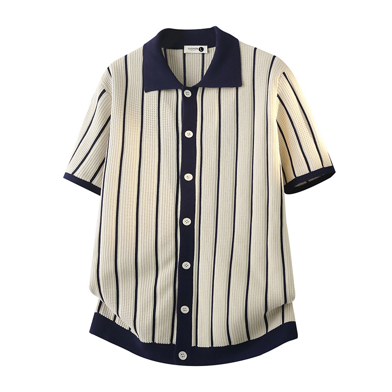 Camisas polo de cuello V camisa de punto de manga corta hombre cardigan rayas viejas líneas de hielo de viento de verano fábrica transfronteriza al por mayor