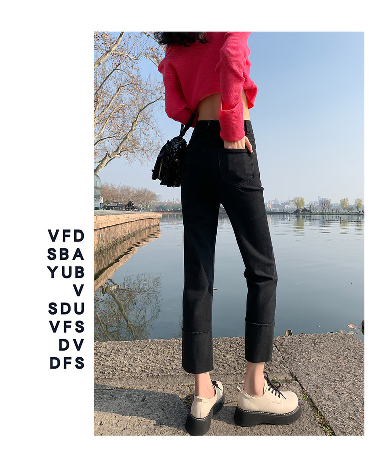 【中国直邮】HEY+JEANS 春季韩系翻边高腰显瘦九分裤 黑色 M