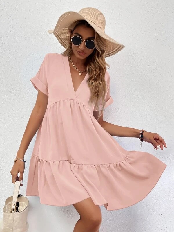 Women's A-line Skirt Fashion V Neck Patchwork Ruffles Short Sleeve Solid Color Above Knee Daily display picture 4