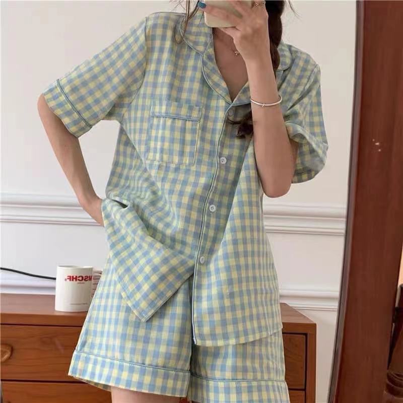 2025 lindo traje de pijama de lunares de oso de estilo ins para mujer cárdigan de cuello redondo de verano suelto y se puede usar en el hogar