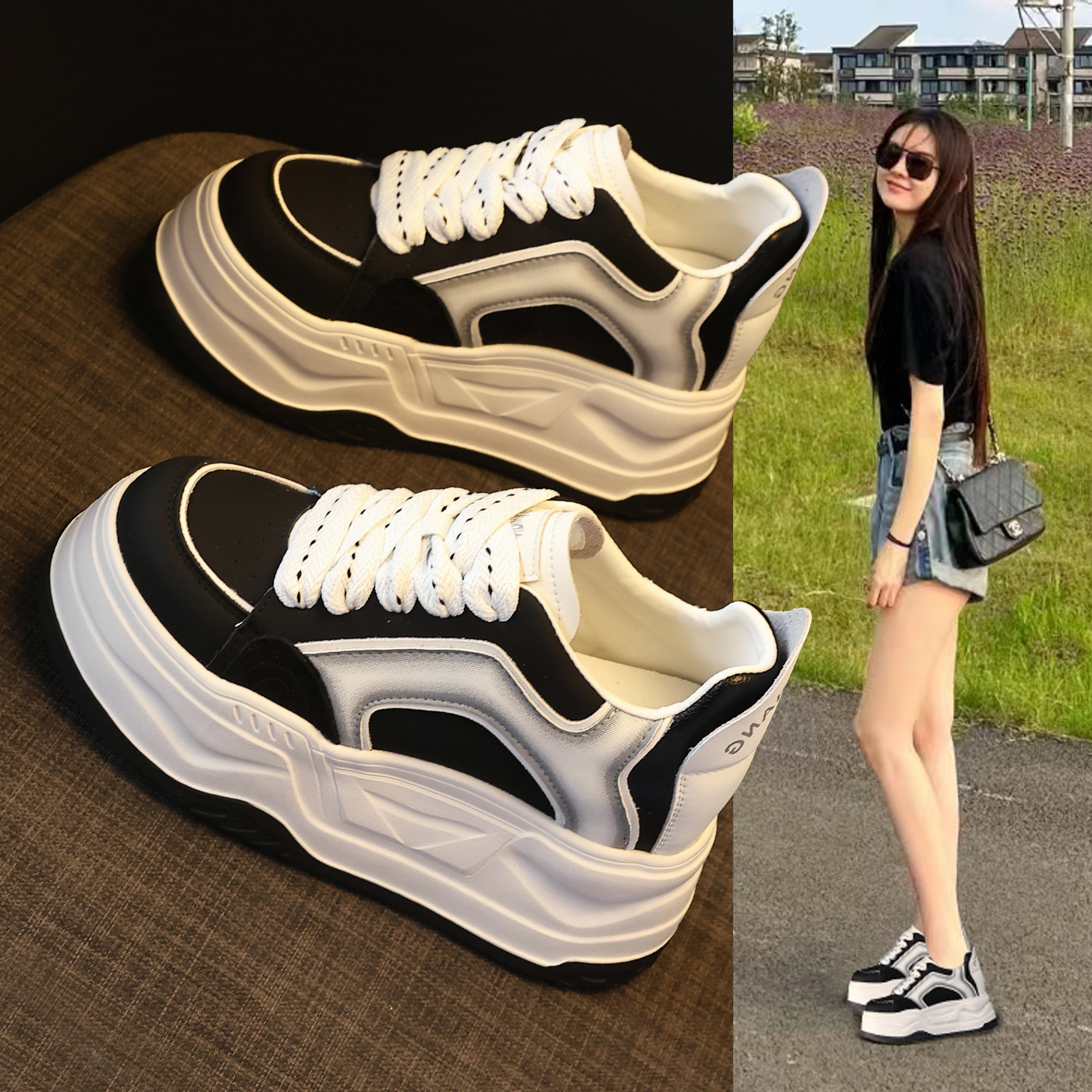 Giày sneaker nữ đế dày tăng chiều cao phong cách vintage — màu đen
