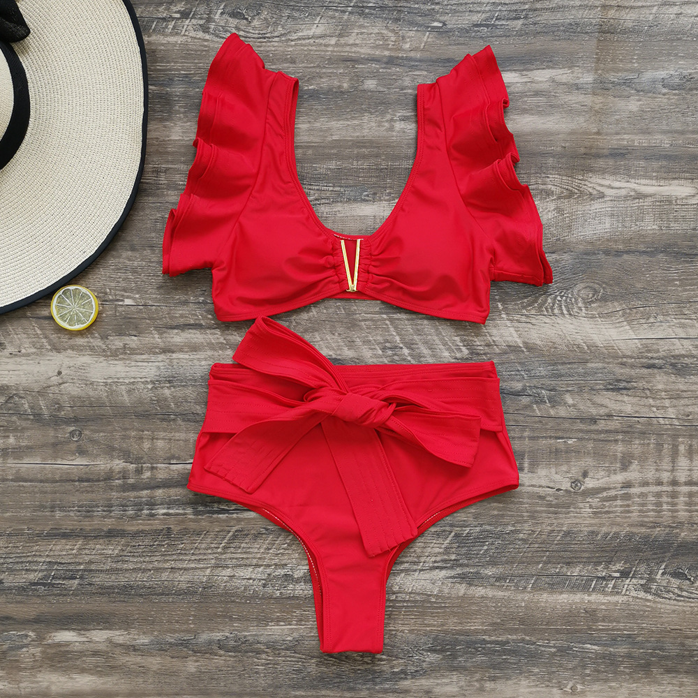 Triangle Cup Bra Cup Women'S Gender Red Color Women'S Solid Color 2 Piece Set Bikinis Swimwear