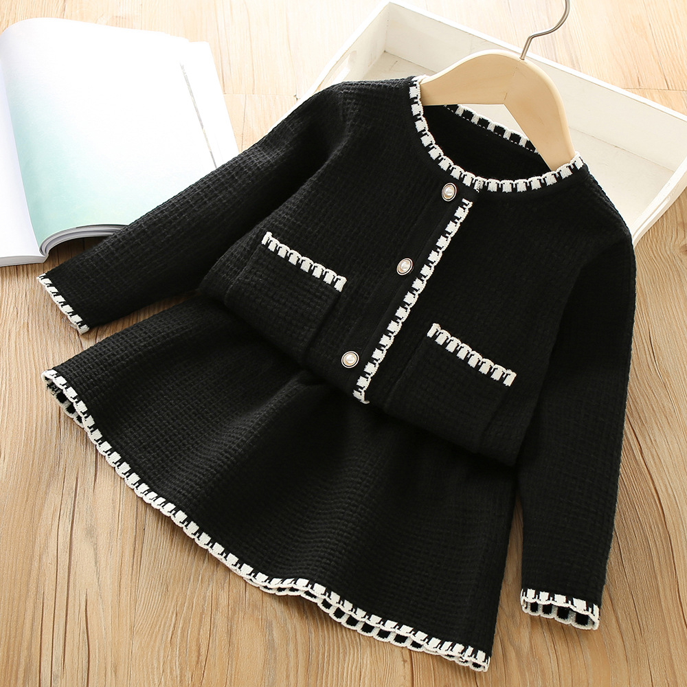 Children's Two Piece Set 2022 Autumn/Winter New Korean Edition Western Style Fragrance Solid Color Knitted Cardigan_voghion.com