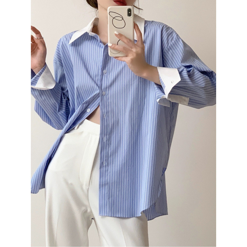 French-style fashionable long-sleeved blue and white striped shirt for women, 2026 spring new model, unique color-blocking collared top