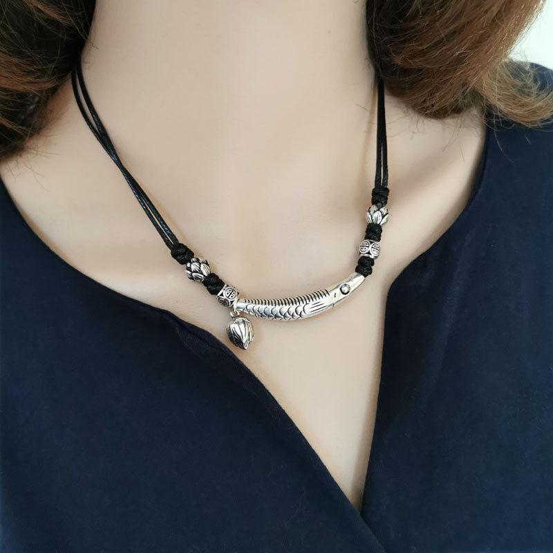 弯管鱼黑绳项链手链油蜡绳可调节长度百搭遮疤痕女锁骨链