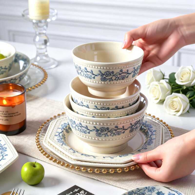 French-Style Vintage Underglaze Bead-Dotted Ceramic Rice Bowl Tableware Set for Home Use, Including Small Bowls, Dishes, and Plates French-Style Vintage Underglaze Bead-Dotted Ceramic Rice Bowl Tableware Set for Home Use, Including Small Bowls, Dishes, and Plates