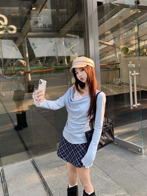 纯欲风露肩设计感长袖T恤女秋季2025新款收腰显瘦蕾丝拼接上衣ins|undefined
