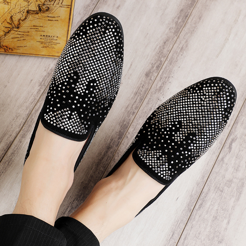 Men's Small Leather Shoes Tide Loafers Rhinestone Pointed Toe Leather Shoes_vogvips.com
