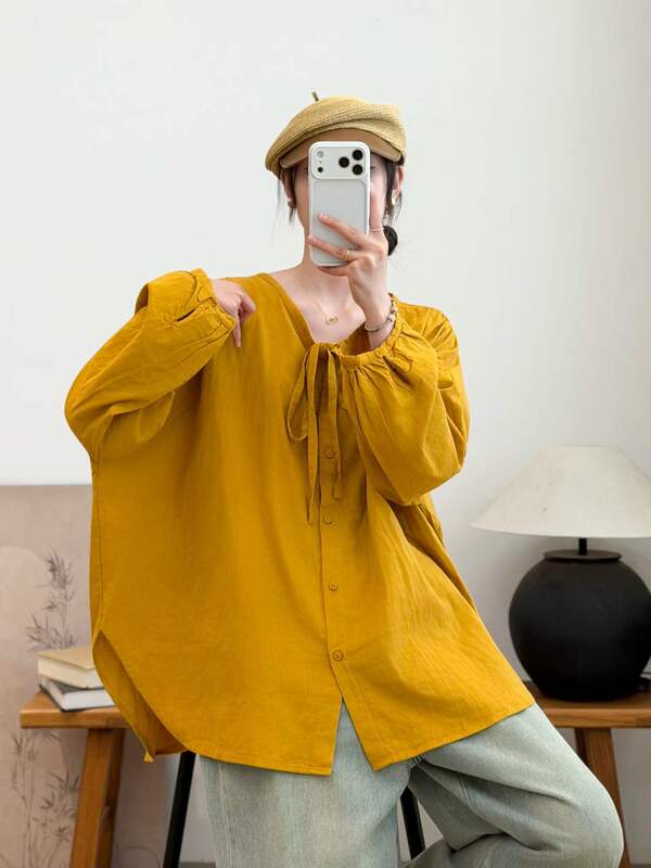 Double-layer gauze collar tie-neck long-sleeve shirt, 2026 autumn and winter new style, irregular hem loose top for women 1229 Double-layer gauze collar tie-neck long-sleeve shirt, 2026 autumn and winter new style, irregular hem loose top for women 1229