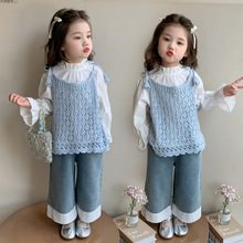 新款春季女童时尚镂空毛衣加白衬衫单花边牛仔裤洋气