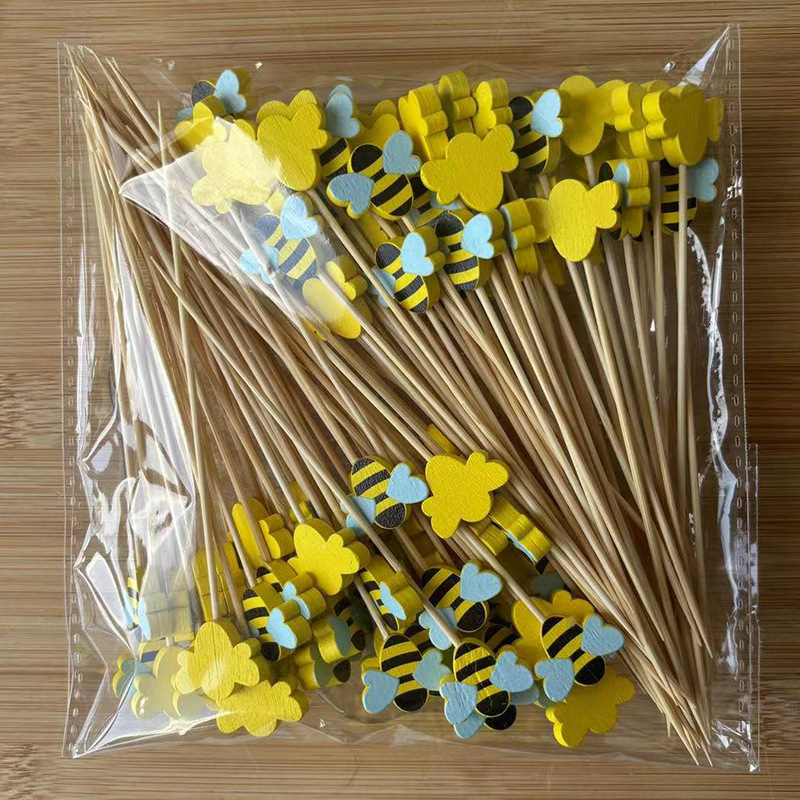 Nuevo producto decoración palo de bambú 100 piezas/paquete de fruta de dibujos animados lindo palo de bambú palo de hamburguesa palo de cóctel palo de bocadillo Amazon