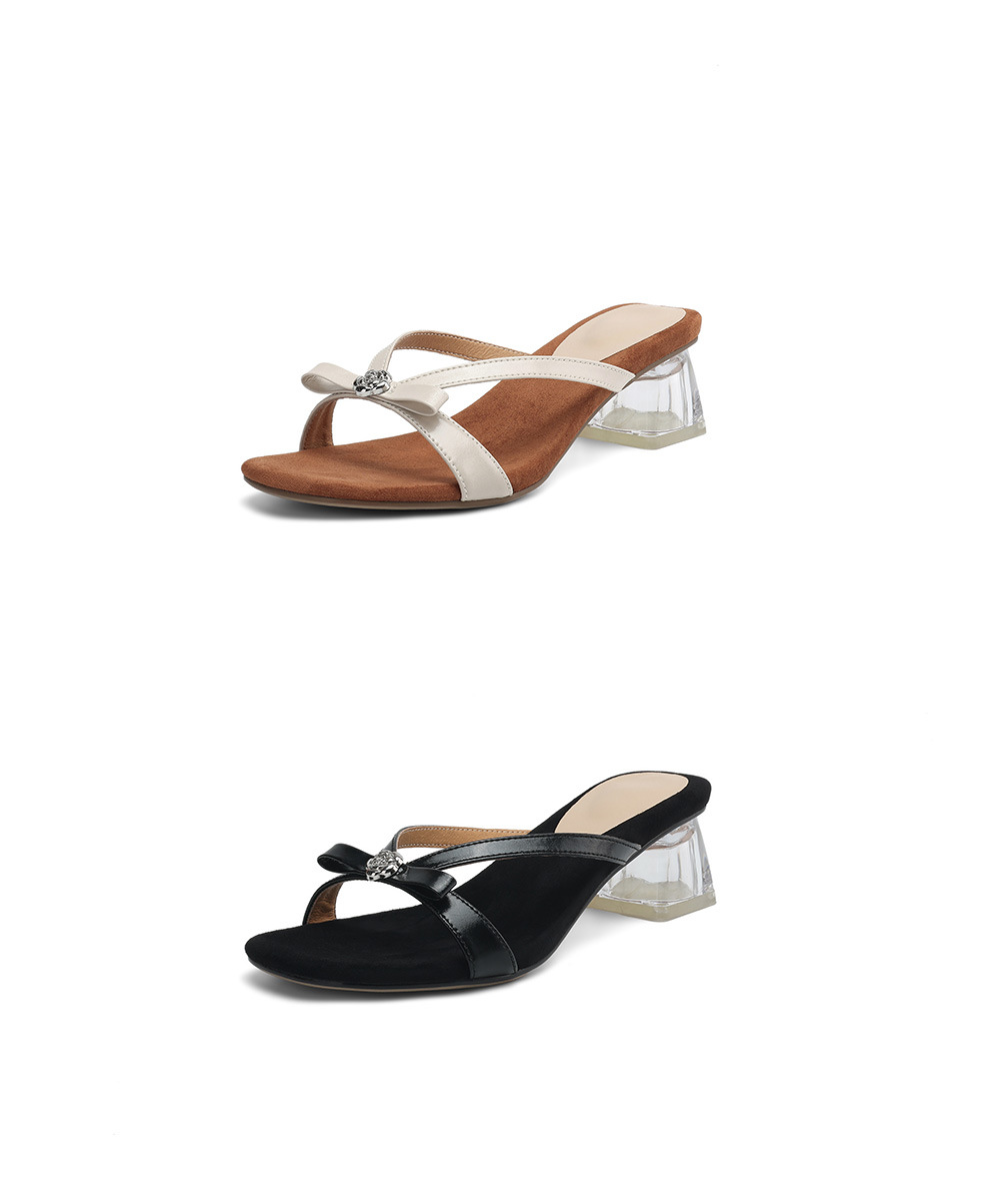 Sandal cao gót nữ mũi vuông hở ngón, quai ngang đính nơ, gót trong suốt 7 cm — màu đen, màu trắng ngà chi tiết 20