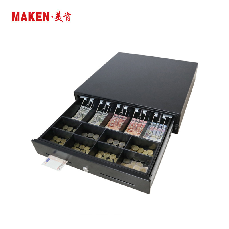 厂家批发 五钞八币手动式收银钱箱 非电控触推式钢制收银机收钱箱