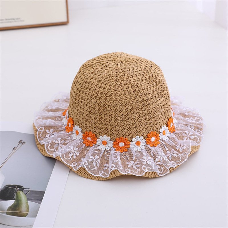 Sombrero de bebé para niños de verano, sombrero para el sol para niñas, sombrero de princesa de margarita de encaje, sombrero de paja de protección solar hueco y transpirable