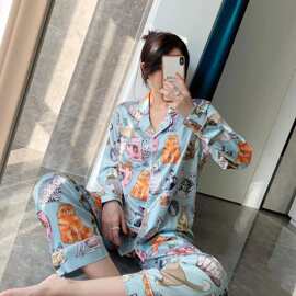 赵露思同款蓝色小彩猫长袖长裤睡衣柔滑缎面家居服套装可外穿月子