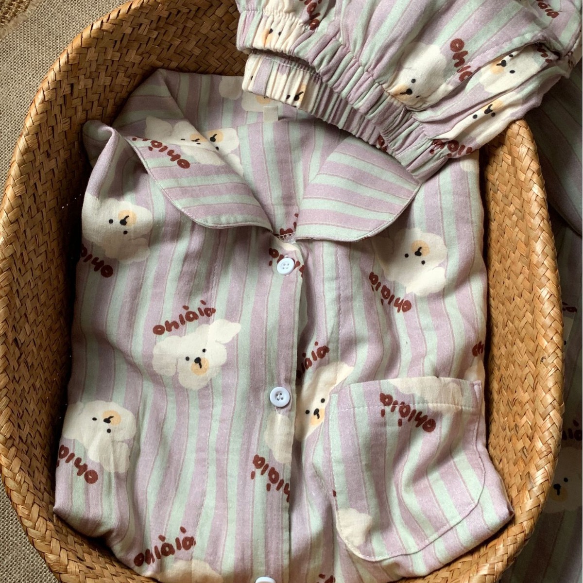 green stripe letter puppy ~ new in autumn! new pure cotton brushed suit soft glutinous girl heart pajamas loose home