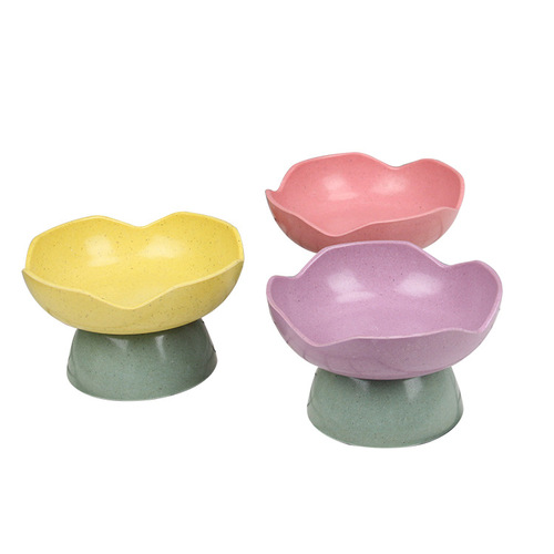 Pet bowl solid color lace high neck protection cat food bamboo fiber dog bowl double bowl utensils rice basin two-in-one manufacturer wholesale