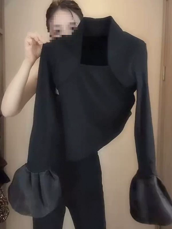 2024 осень и зима новый шифоновый клеммный рукав для сшивания тонкая девушка прямолинейный воротник с воротником с плюшевым утолщением футболка женская