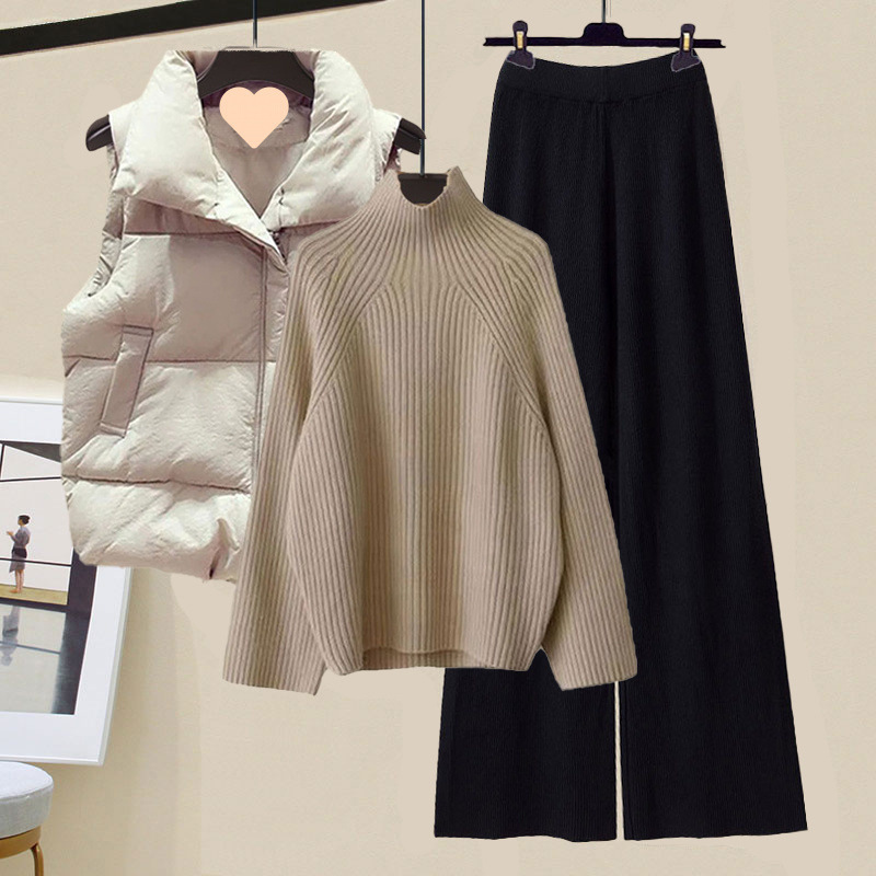冬服、新しいスタイルの綿のベスト、タートルネックセーター、女性のスリムなワイドレッグパンツの3点セット|undefined