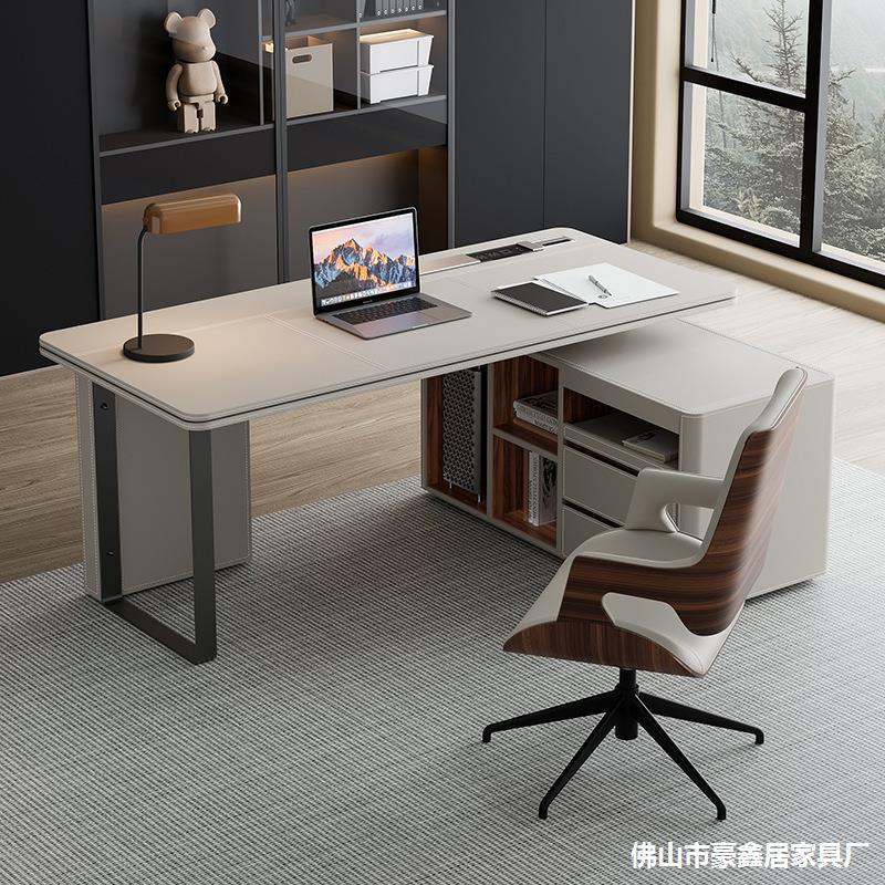 Saddle Leather Desk Modern Minimalist Home Study Computer Writing Desk Italian Minimalist Staff Office Desk and Chair Combination