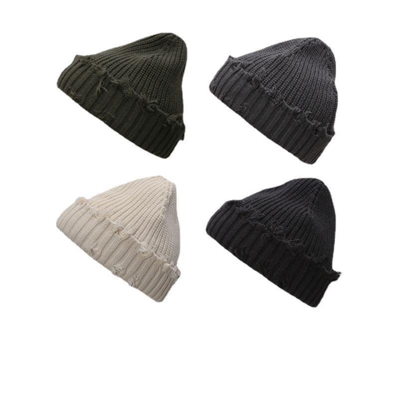 Ripped Knitted Hat Men's and Women's Autumn and Winter Korean Style Retro Fashionable Cold Hat Hip Hop Street Rogue Hostess Hat Wool Hat Trendy
