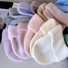 多巴胺25色兔毛混纺毛线帽子女秋冬保暖针织帽条纹大翻边套头帽潮