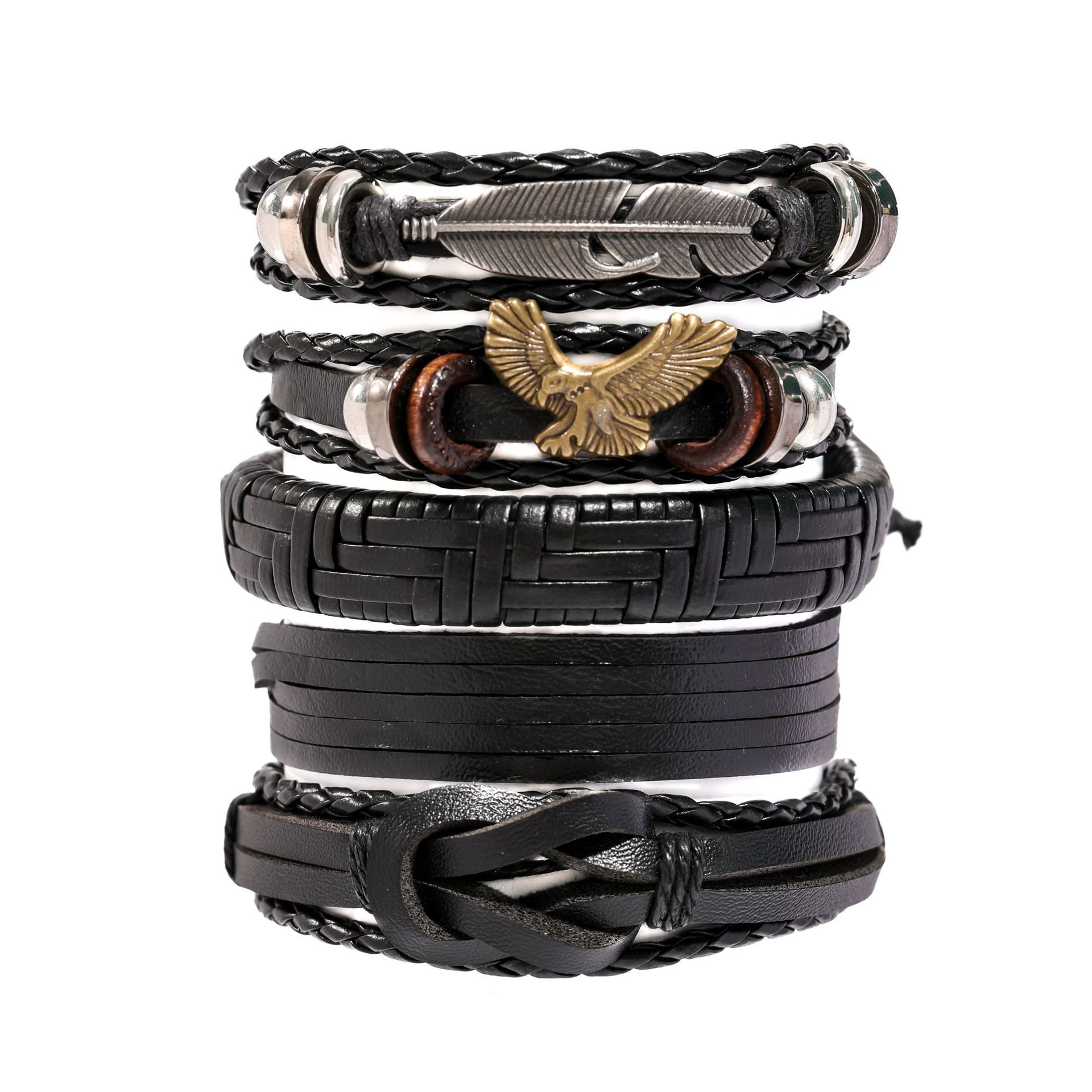 Pulsera de cuero para hombres retro de venta caliente transfronteriza, traje tejido europeo y americano, joyería multicapa, cuerda de mano, suministro directo de fábrica y venta al por mayor