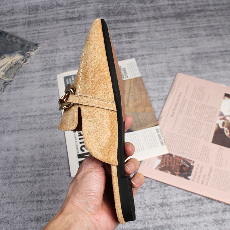Flat half slippers women's spring and autumn new pointed metal chain Muller shoes 41-43 foreign trade shoes wholesale_voghion.com