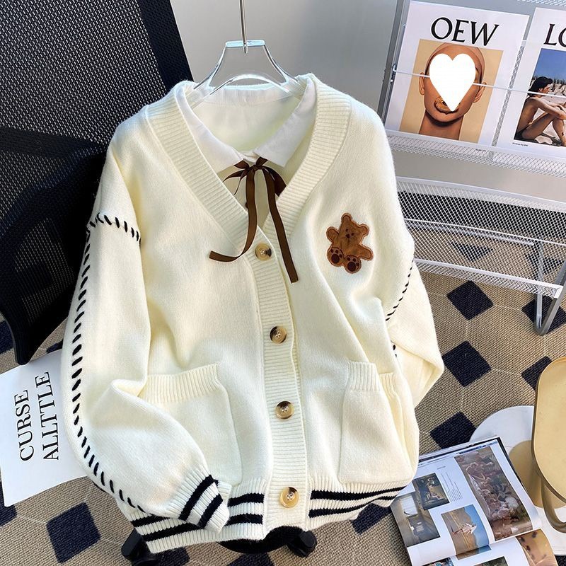 Oso perezoso suéter cardigan mujeres otoño estilo universitario nicho con cuello en V suéter estilo japonés suave glutinoso más tamaño abrigo grueso image 8