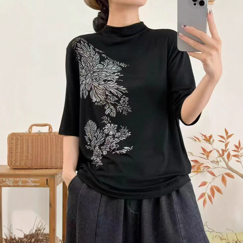2025早秋 韩版宽松文艺复古半高领印花五分袖套头打底衫百搭T恤女|undefined