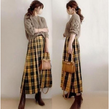 跨境外单日韩系2024秋冬新款宽松上衣毛衣+格子半身裙两件套套装