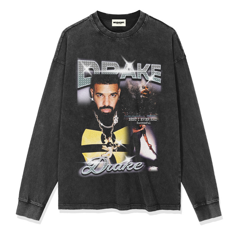 Drake hip hop rap americano street fashion estampado vintage hecho viejo lavado pesado suelto mangas cortas
