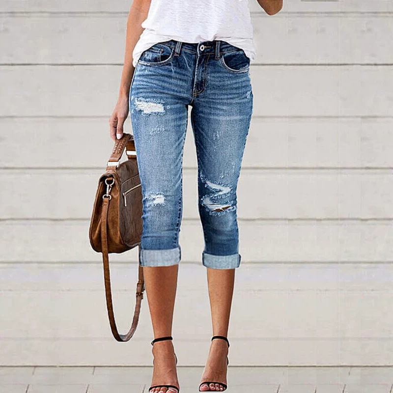 Jeans Capri para Mujer de Algodón Denim Elástico Con Agujeros