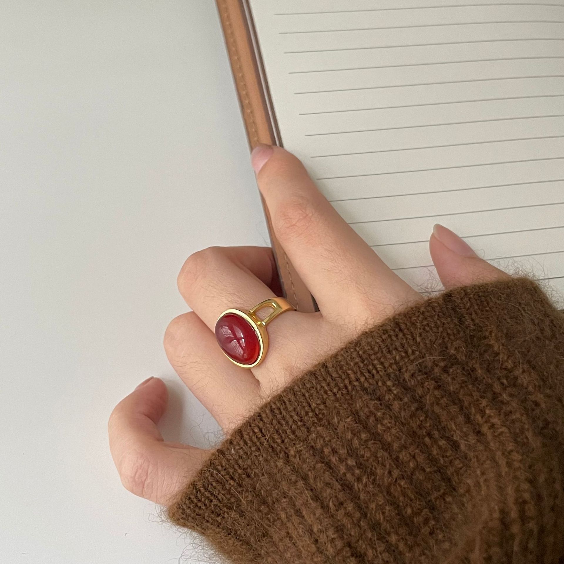 Daily Occasion 925 Sterling Silver Material 925 Sterling Silver Agate Oval Open Ring