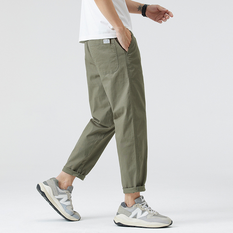 Popular Elastic Waist Casual Pants for Men in Summer, High-End New Style, Loose and Versatile, Solid Color Straight Nine-Point Pants for Men, Trendy