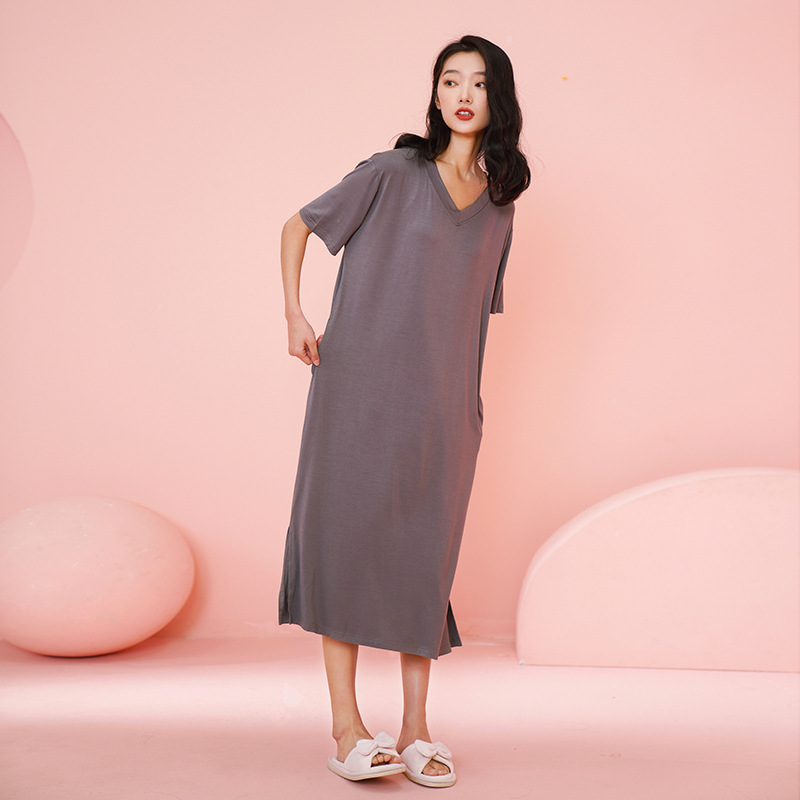 Women's Summer Nightdress Modal Short-sleeved Long Over-the-knee Thin Large Size Pregnant Women's Home Clothes Summer Pajamas with Chest Pad