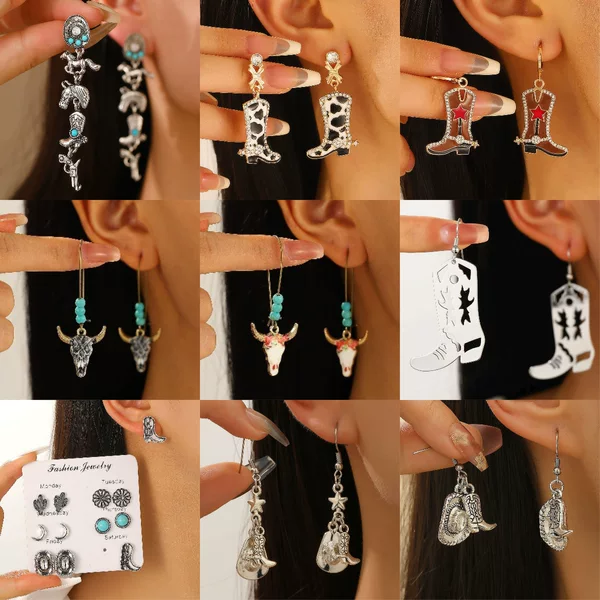 European and American Retro Ethnic Style Earrings for Women, Cross-Border Turquoise Cowboy Hat, Boots, and Horse Alloy Earring Set