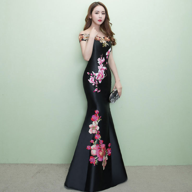Comercio exterior europeo y americano Amazon AliExpress deseo nuevo bordado apliques off-hombro fishtail Delgado temperamento vestido de noche
