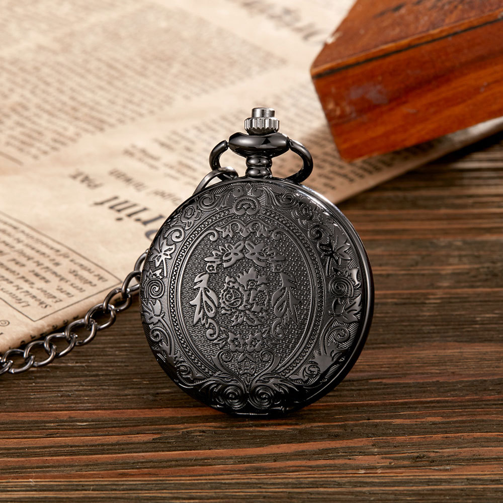 Relógio de bolso esqueleto vintage gravado com colar presente_voghion.com