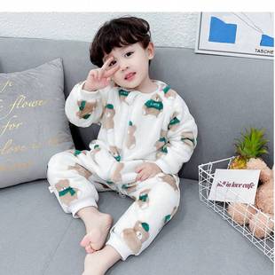 Children's one-part pajamas autumn and winter flannel 2024 new boys and girls thick coral fleece home clothes baby sleeping bag