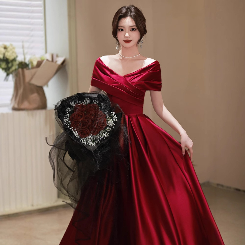 Burgundy Bride Wedding Toast Dress Small Engagement Dress Women Banquet Large Size Pregnant Women Evening Dress Wholesale Burgundy Bride Wedding Toast Dress Small Engagement Dress Women Banquet Large Size Pregnant Women Evening Dress Wholesale
