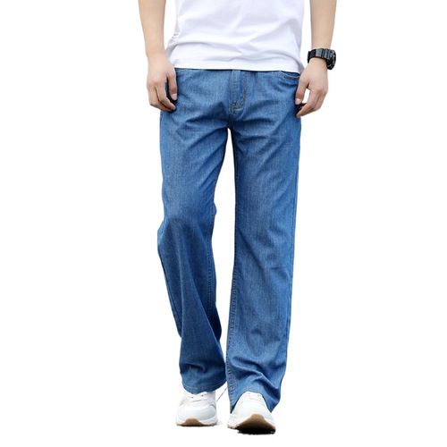 Spring and summer loose large straight leg jeans men's plus fat and extra large size wide-leg pants mid-youth light blue wide-leg jeans