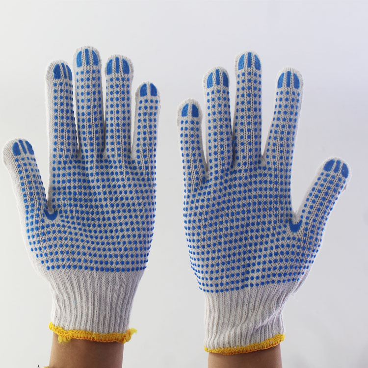 白沙蓝点作业带点PVC点珠点塑防滑胶手套棉纱涂点工地搬运磨砂手