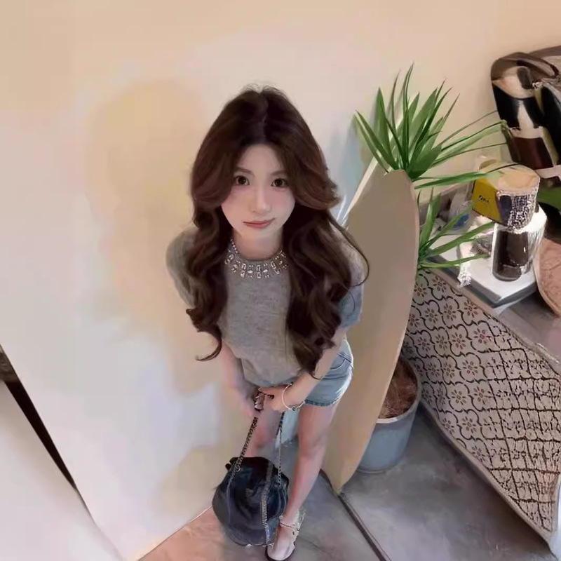 Miu Style Dairy Grey Round Neck Short-sleeved Knit Sweater Women's Summer Loose Elegant Unique All-match Top