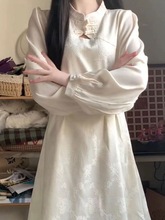 新中式国风盘扣设计收腰显瘦连衣裙女生春秋款长袖中长裙茶歇裙子