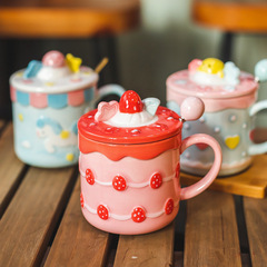 PK7J High-Quality Strawberry Cake Ceramic Cup for Girls Cute Home Use Mugs with Lid and Spoon Coffee Water Cup Gift