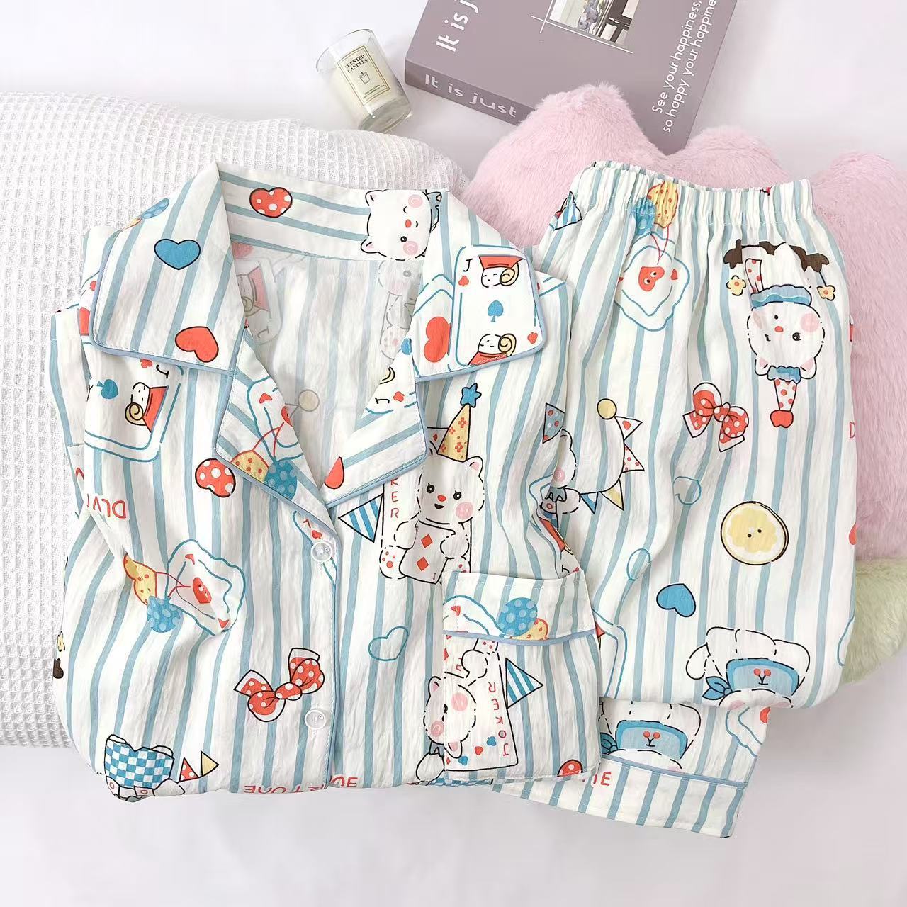 KT gato pijama de dibujos animados de primavera y verano nubes de algodón pantalones de manga larga dos piezas estudiantes textura encantadora ropa doméstica de niña